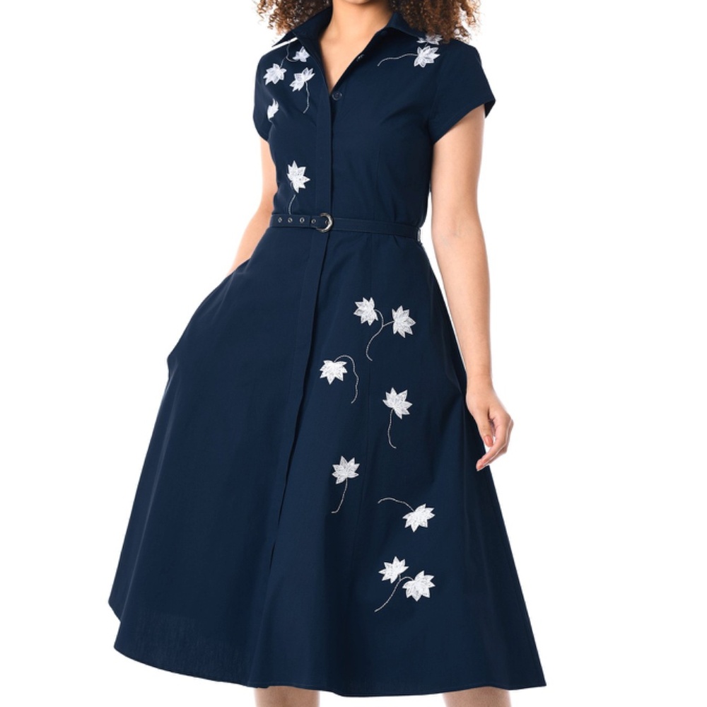 Floral Embellished Poplin Belted Shirtdress XL - 18 with POCKETS!